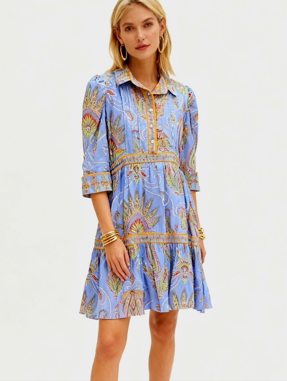 Gretchen Scott Light Blue Paisley Button-Front Tiered Shirt Dress Size M